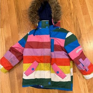Mini Boden Colorful Striped Winter Jacket with Faux Fur Hood